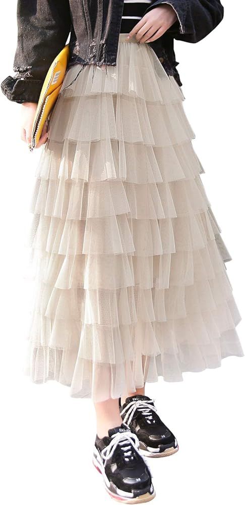 ebossy Women's Sweet Elastic Waist Tulle Layered Ruffles Mesh Long Tiered Skirt | Amazon (US)