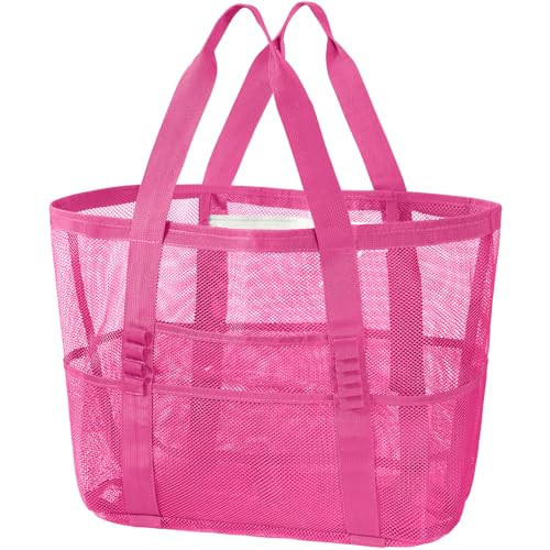 KPX Mesh Beach Bag, Tote Bag for Women Large Foldable Mesh Swimming Bag with Pockets - Sandproof, Waterproof(Rose Pink-PVC Pocket) | Amazon (US)