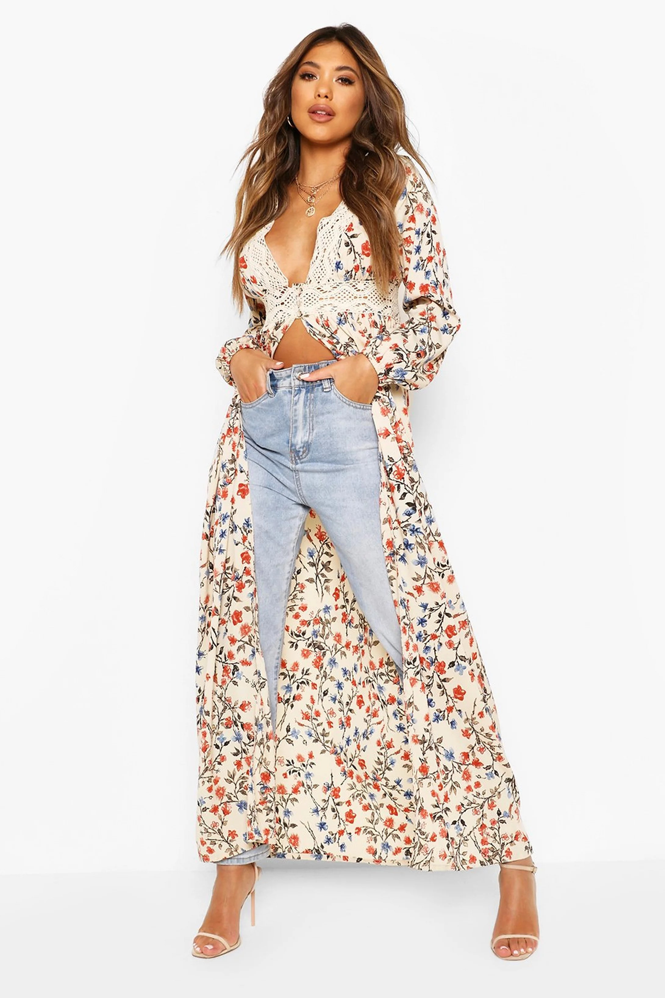 Floral Crotchet Trim Button Detail Split Kimono | Boohoo.com (US & CA)