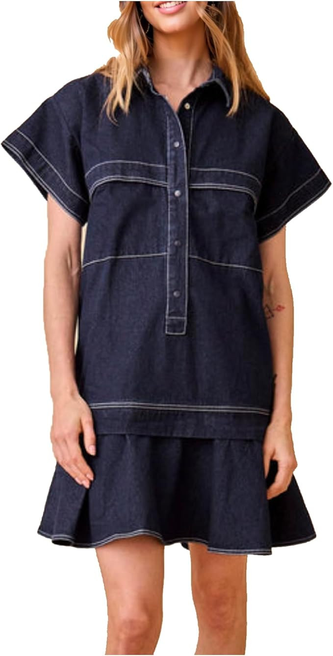 Women's Cotton Drop Waist Shirt Dress Short Sleeve Button Down Mini Dresses Ruffle Tunic Dress wi... | Amazon (US)