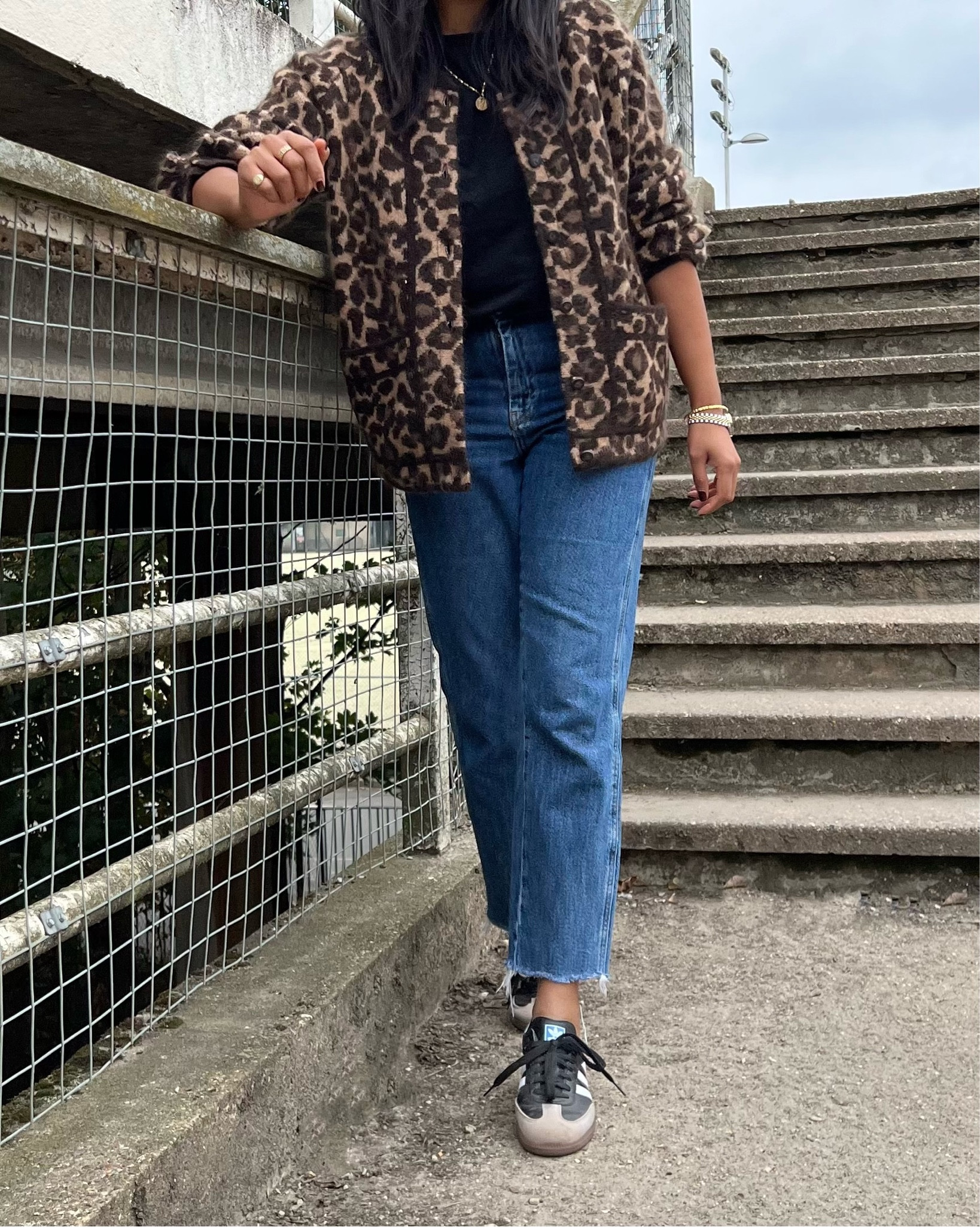 Transitional outfit, layered outfit, autumn outfit, fall fashion, leopard jacket, bomber jacket, pattern jacket, black t-shirt, essential tee, blue jeans, distressed jeans, black trainers, black sambas, Boden, Whistles, Sezane, M&S, Arket, Everlane, Adidas

#LTKSeasonal #LTKstyletip #LTKeurope