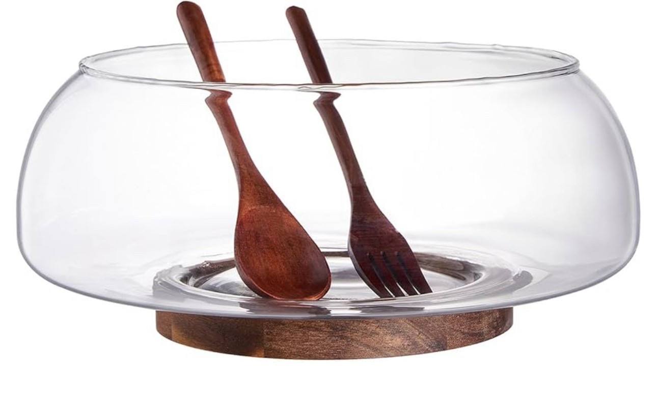 Large Glass Salad Bowl Set with Acacia Wood Base and Salad Serving Utensils, Salad Servers for Party, Fruits, Popcorn, Chips, Pasta, Kitchen Must-Have

#LTKHome #LTKFindsUnder50