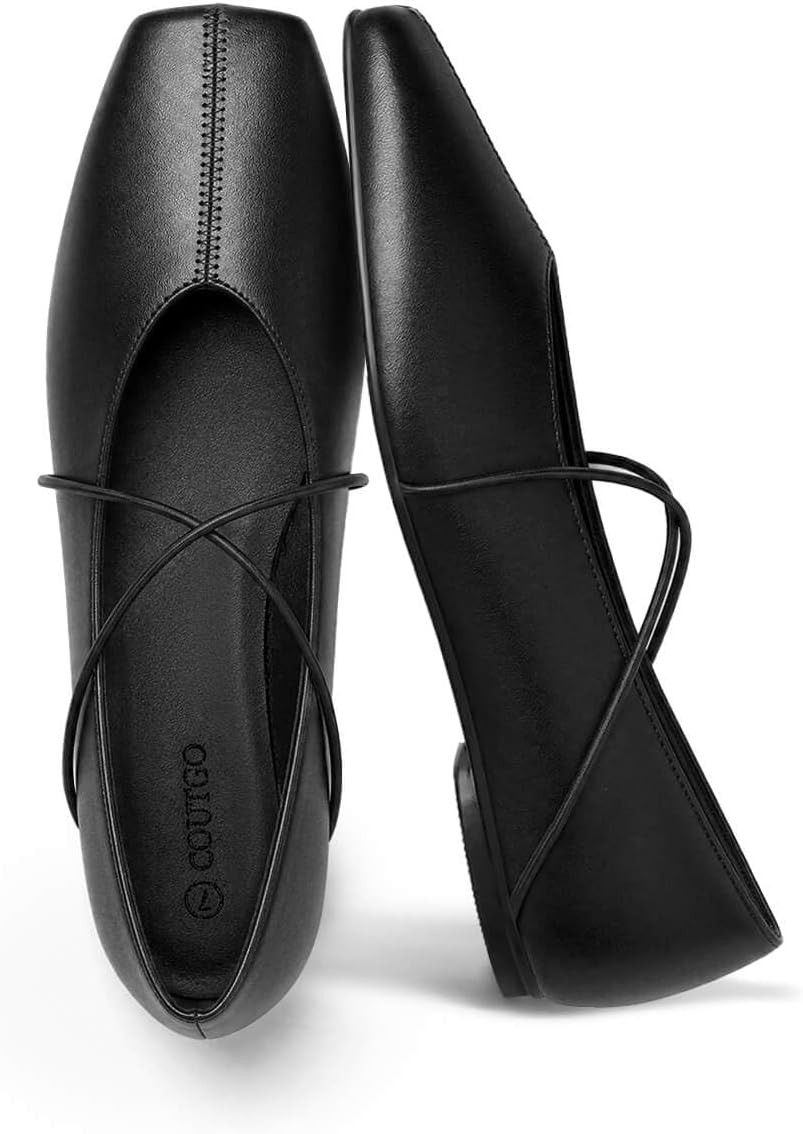Coutgo Womens Square Toe Ballet Flats Comfortable Slip On Mary Jane Flats Crisscross Strap Work Casual Shoes | Amazon (US)