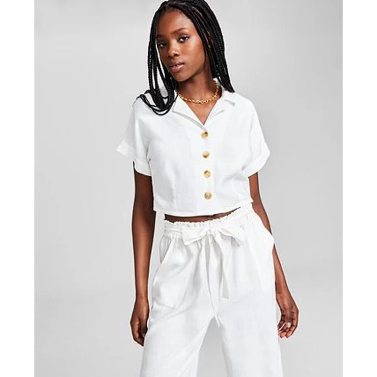 And Now This WHITE Women's Button Front Cropped Linen Blend Shirt, Large | Walmart (US)