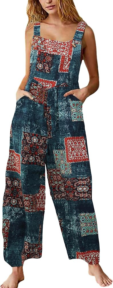 Himosyber Women's Patchwork Dual Pocket Jumpsuit Loose Floral Print Bohemian Wide Leg Bib Overall | Amazon (US)