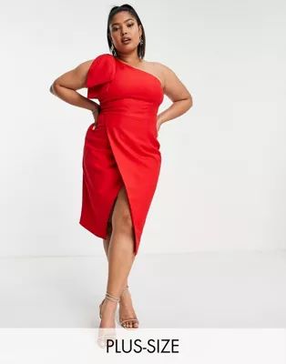Lavish Alice Plus bow shoulder wrap midi dress in red | ASOS (Global)