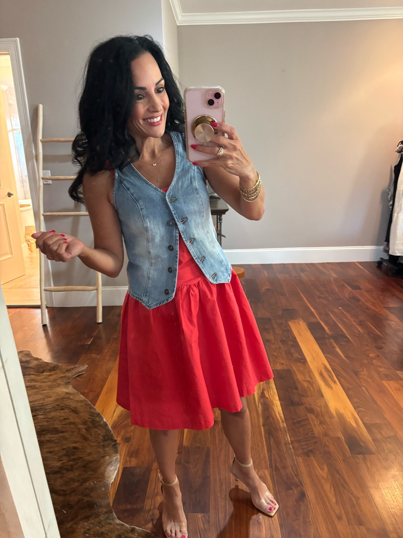 Red sundress 
Denim vest

#LTKootd #LTKSeasonal #LTKOver40