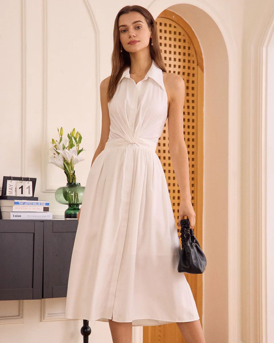 The White Collared Twist Backless Midi Dress & Reviews - White - Dresses | RIHOAS | rihoas.com