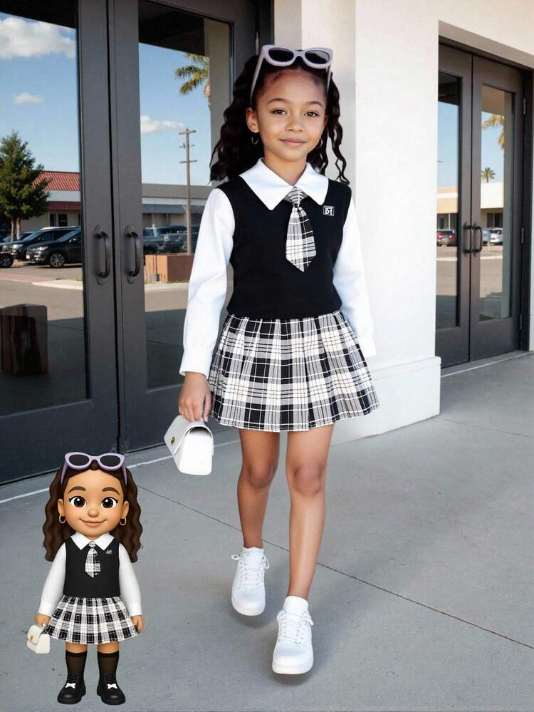 3pcs/Set Girls Back To School Outfit - Blouse, Vest, Plaid Pleated Skirt, Sweet & Cute, Suitable For Spring/Autumn Students | SHEIN