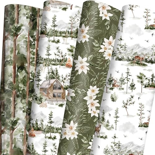 Dtiafu Forest Green Wrapping Paper 4 Watercolor Woodland Style Gift Wrap Paper Bulk Green Tree and Farmhouse for Christmas Wedding Baby Shower, 20 X 28 Inch, Folded Flat (8 Sheet) | Amazon (US)