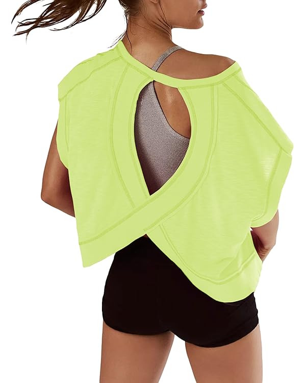 Women Short Sleeve Workout Shirts Open Back Tops Casual Yoga Y2k Athletic Gym Slouchy Crop Runnin... | Amazon (US)