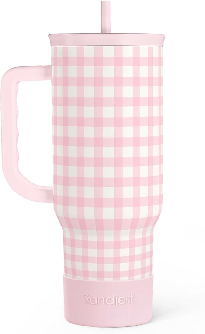 SANDJEST Pink Gingham 40oz Slider Tumbler with Handle and Straw - Insulated Stainless Steel Trave... | Amazon (US)