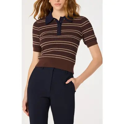 ASTR the Label Iris Striped Short Sleeve Polo Sweater in Brown Navy Stripe at Nordstrom, Size X-Small | Nordstrom