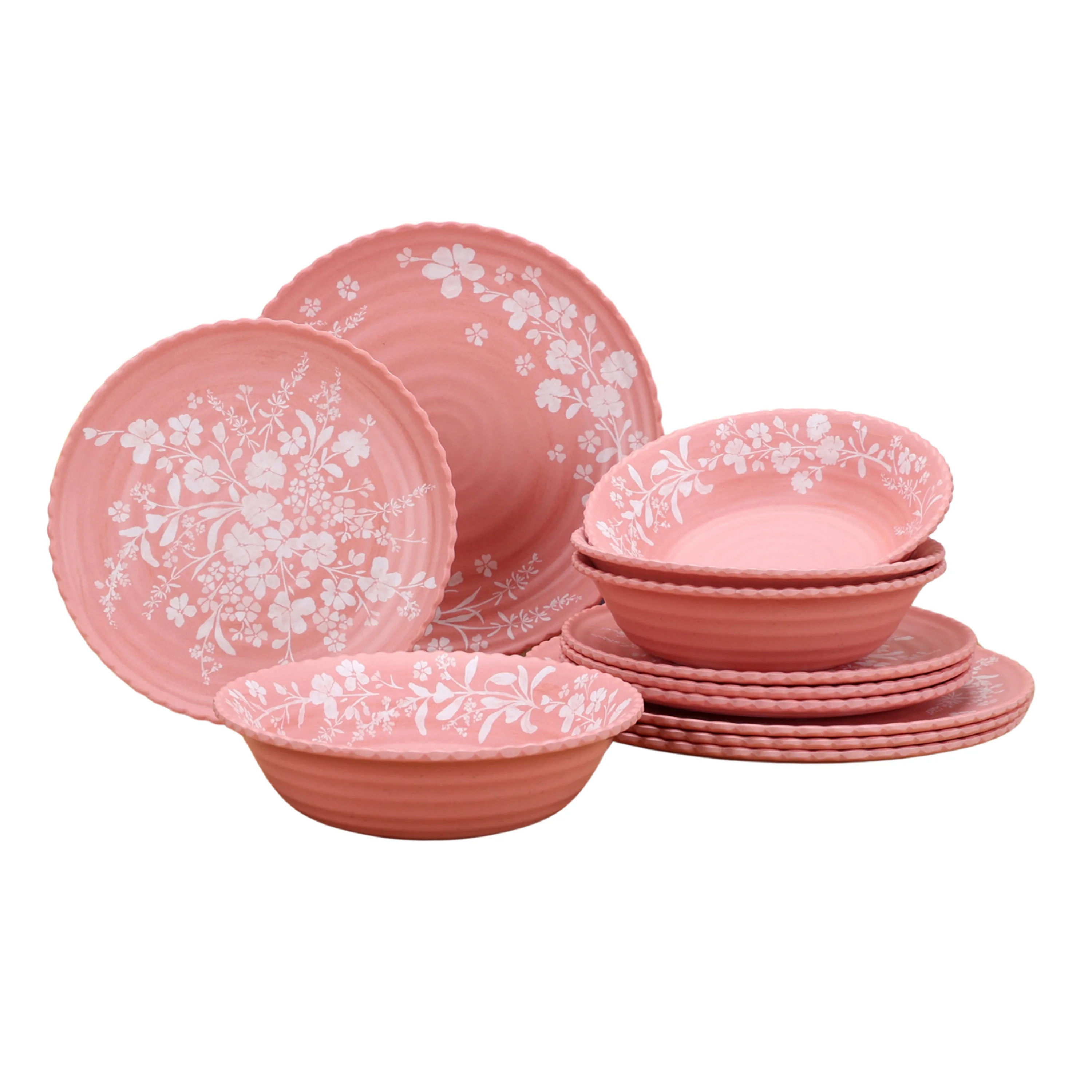 The Pioneer Woman Daisy 12-Piece Bamboo Melamine Dinnerware Set, Pink | Walmart (US)