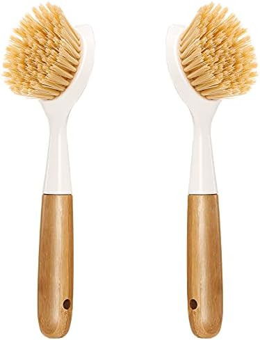2 Pack Kitchen Dish Brush Bamboo Handle Dish Scrubber Built-in Scraper, Scrub Brush for Pans, Pot... | Amazon (US)