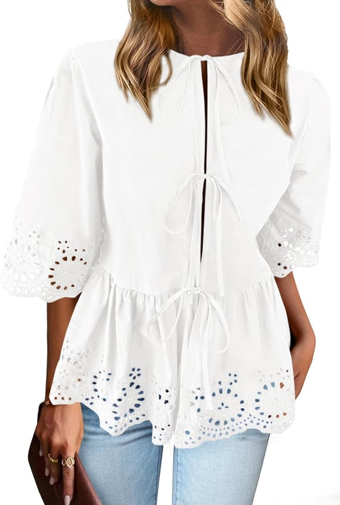 PRETTYGARDEN Tie Front Peplum Tops for Women Summer Y2K Short Sleeve Babydoll Cute Going Out Top ... | Amazon (US)