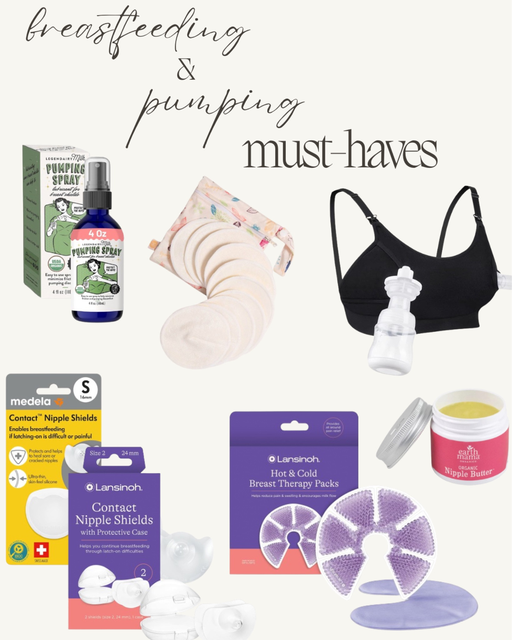A few essentials for breastfeeding / pumping. 

A good pumping spray is SO helpful to reduce friction and save sore nips!

Love these washable and reusable nursing pads. 

This pumping bra is affordable and gets the job done. 

Nipple shields! Both of these brands are good.

Cannot recommend these ice / heat packs enough! 🙌 

Nipple butter is a must! 

#breastfeedingmusthaves #breastfeeding #nursingessentials #breastfeedingessentials #newbaby #newbabyessentials #nursing #ltkmama 

#LTKFindsUnder50 #LTKBaby #LTKBump