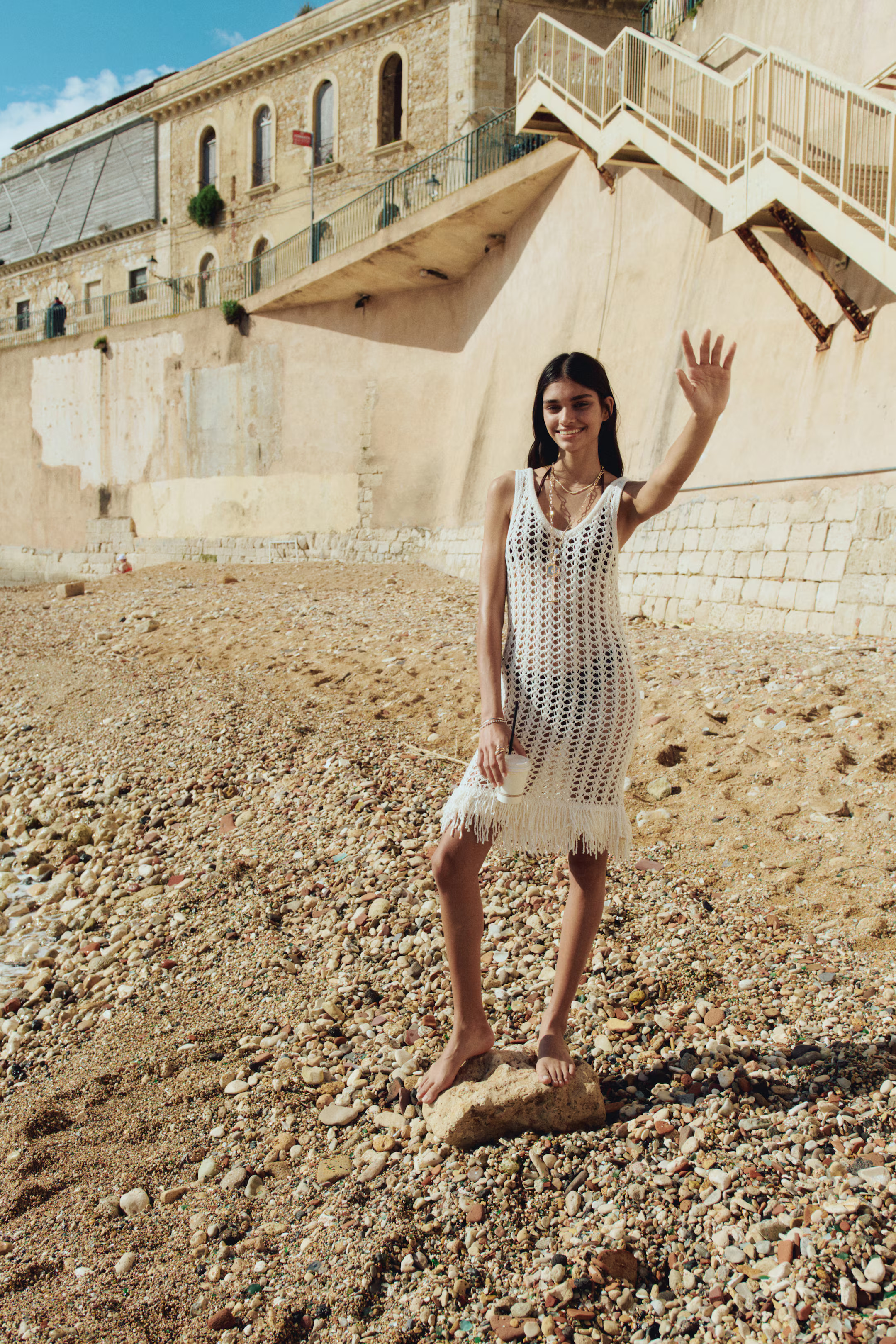 Fringe-Trimmed Hole-Knit Dress | H&M (US + CA)