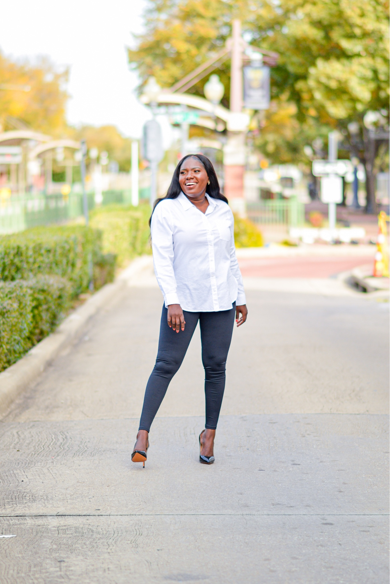 Office outfit, office fashion, business outfits, business casual outfits, workwear, interview outfit. Button down shirt, white button down shirt, leggings, black leggings, pump, pump heels, black heels,

#LTKstyletip #LTKmidsize #LTKworkwear