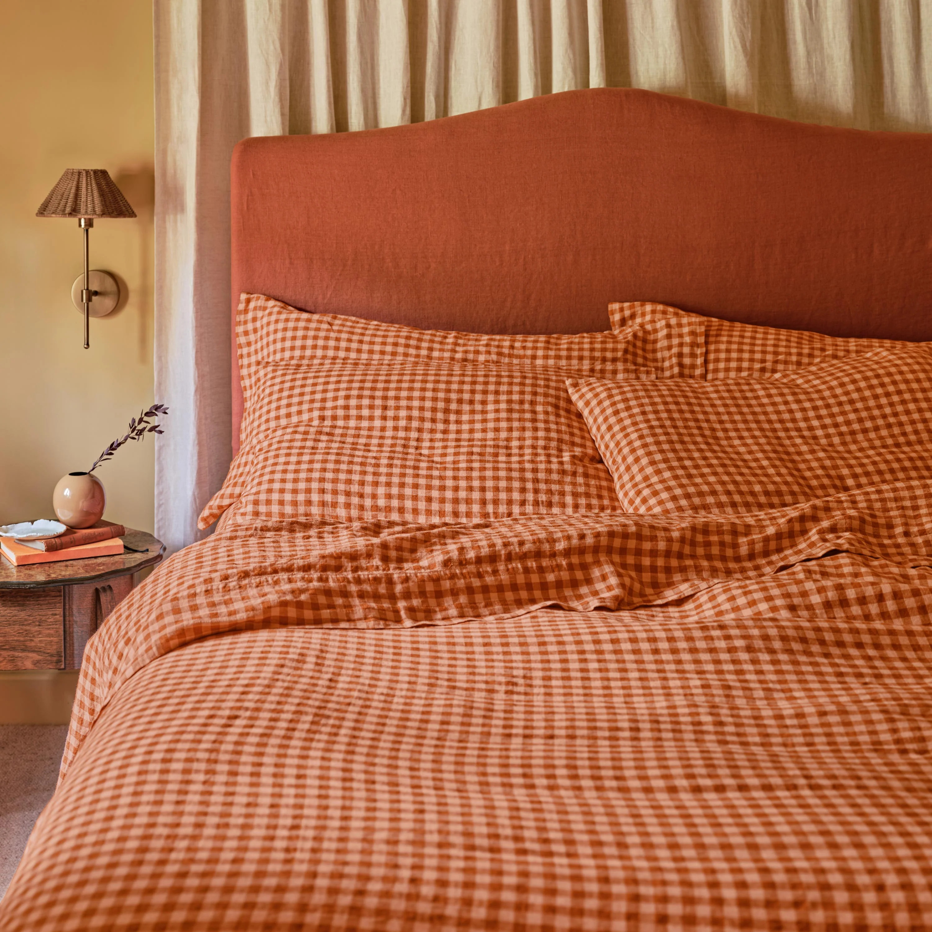 Cinnamon & Peach Colour Drenched Gingham Linen Blend Duvet Cover | Piglet