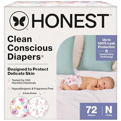 The Honest Company Comfort Dry Disposable Diapers for Sensitive Skin, Hypoallergenic, Rose Blossom + Tutu Cute, Club Box Size Newborn 72 Count | Amazon (US)
