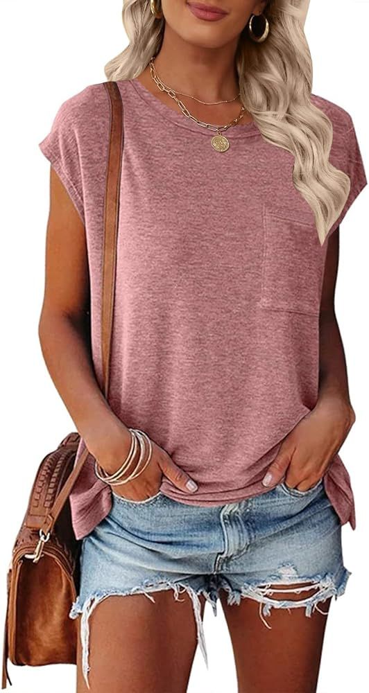 MEROKEETY Women's Casual Cap Sleeve T Shirts Basic Summer Tops Loose Solid Color Blouse | Amazon (US)