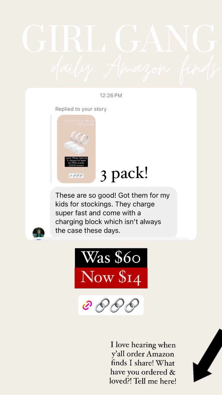 The best Amazon find is this 3 pack of iPhone lightening chargers! If you are always looking for your charger or needing a charger to keep in your purse, this is the best deal I’ve found on Amazon! The 3 pack is only $14! #amazonfind

#LTKsalealert #LTKfindsunder50 #LTKhome