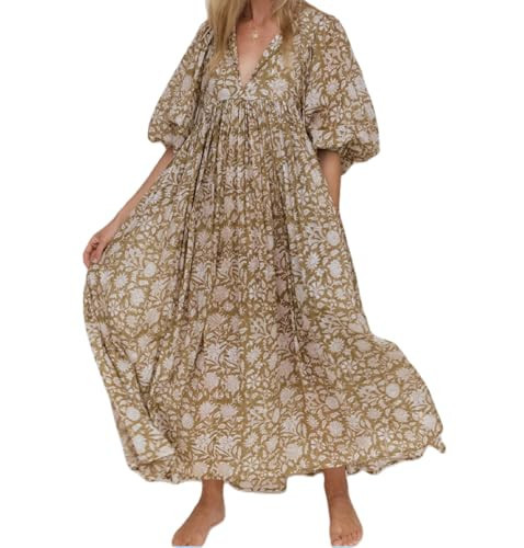 Women Boho Flowy Maxi Dress Floral Long Sleeve Vintage Long Dress V Neck Swing A Line Dress Streetwear | Amazon (US)