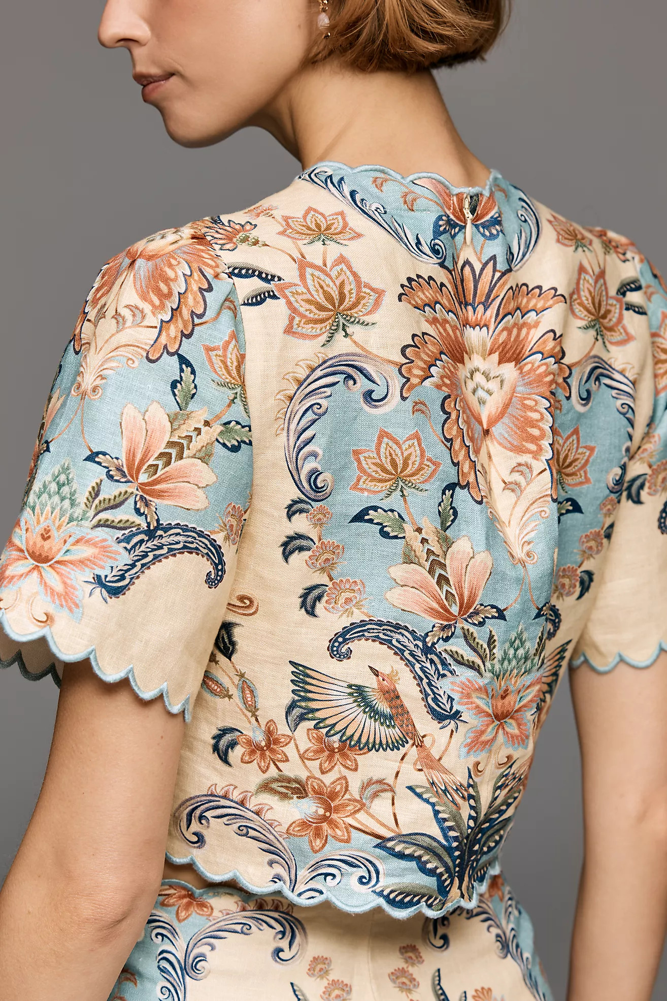 Farm Rio Scalloped Short-Sleeve Linen Rosette Top | Anthropologie (US)