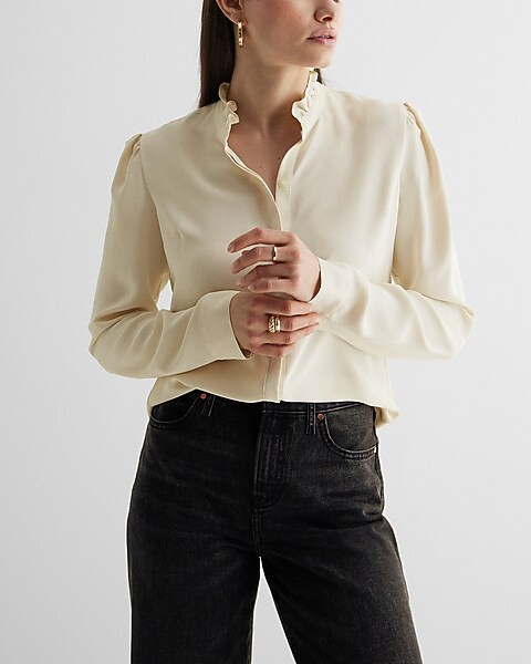 Ruffle Neck Relaxed Portofino Shirt | Express