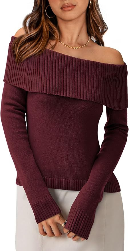 PRETTYGARDEN Women's Fall Off Shoulder Sweaters Y2K Long Sleeve Ribbed Knit Fitted Pullover Winte... | Amazon (US)