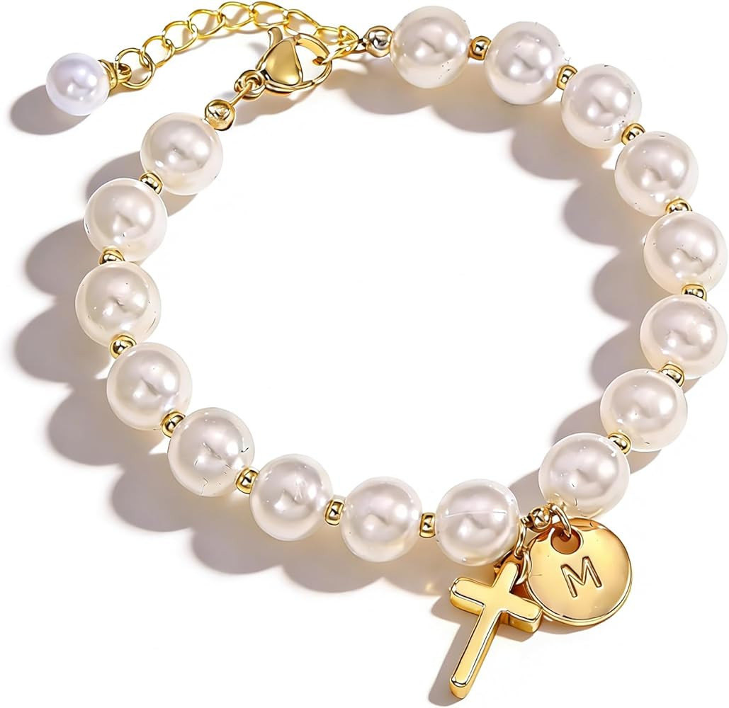 Cross Initial Bracelet Dainty Gold Cross Pearl Bracelet with Letter A-Z Christian Baptism Gifts R... | Amazon (US)