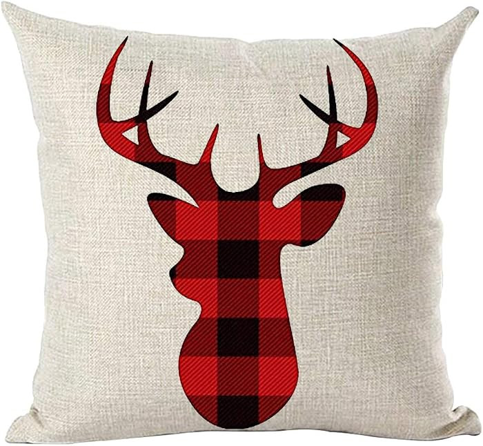 Ramirar Happy New Year Merry Christmas Festival Wine Red Black Plaid Deer Head Antler Decorative ... | Amazon (US)