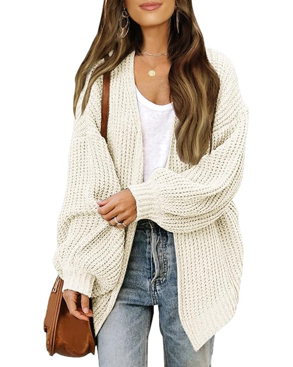 MEROKEETY Women's Fall Open Front Long Lantern Sleeve Cardigan Oversized Chunky Outwear with Pock... | Amazon (US)