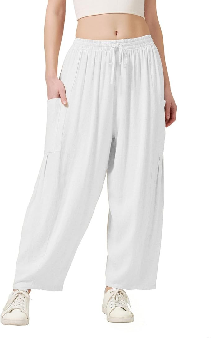 GRAN ORIENTE Loose Wide Leg Linen Pants Women,Barrel Baggy Palazzo Trousers,Summer Flowy Pant for... | Amazon (US)
