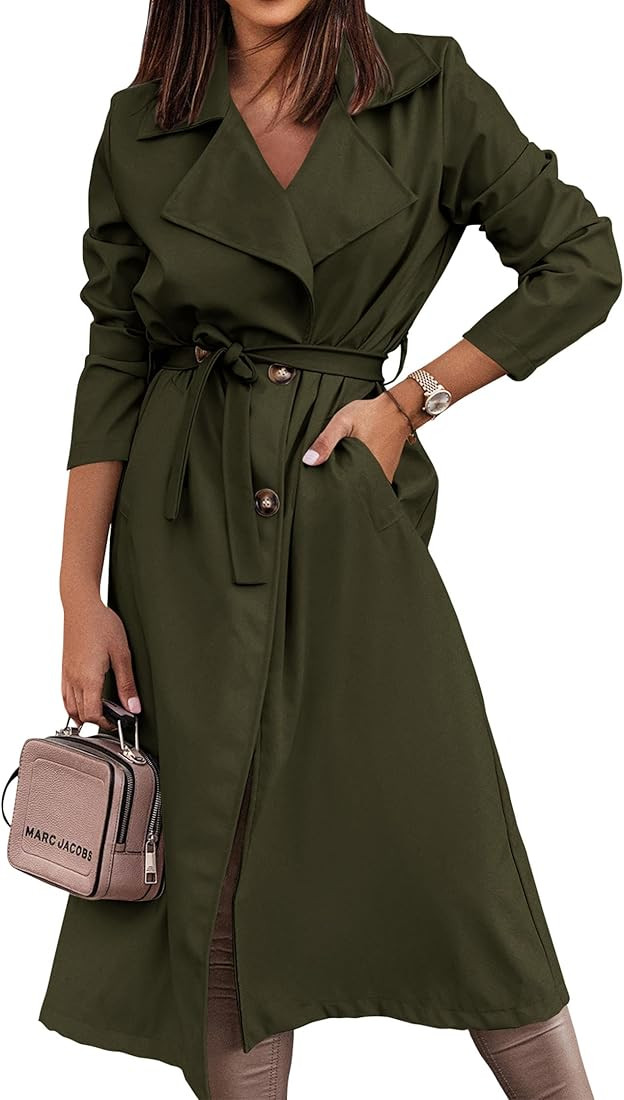 Women's Trench Coat Long Double-Breasted Fall Fashion 2023 Classic Lapel Slim Overcoat Outerwear ... | Amazon (US)