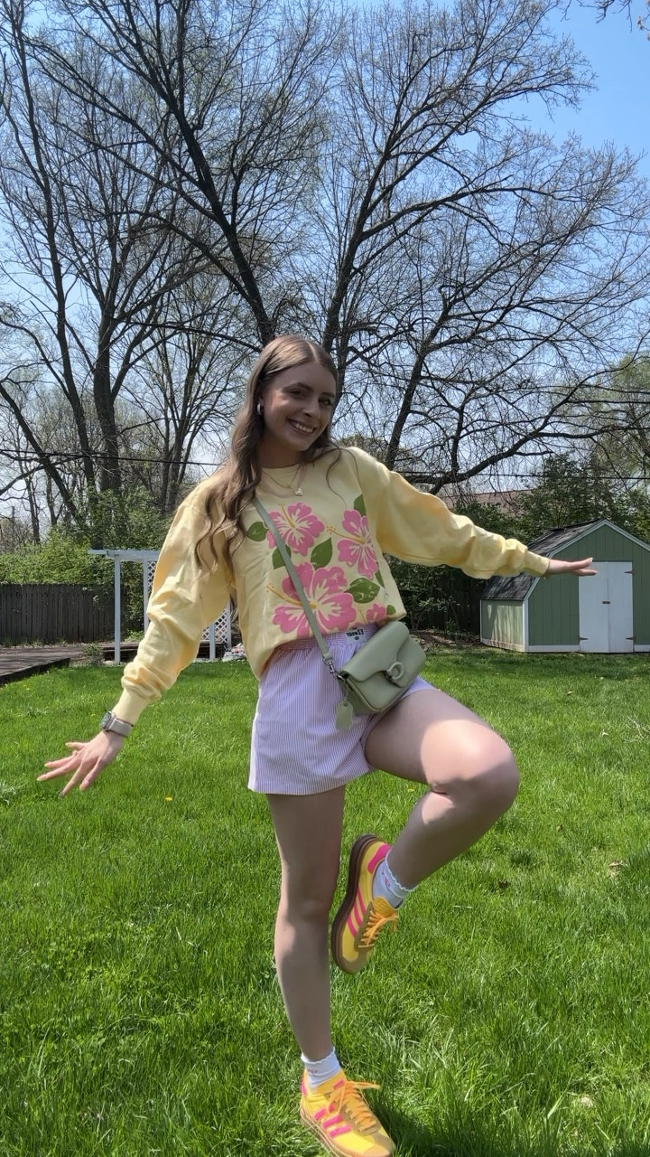 Reel 5/7/25

Yellow pink green flower block print crewneck sweatshirt, hibiscus flower print top, oversized crewneck sweatshirt, pink striped boxer shorts women, Amazon boxer shorts trendy women style, adidas gazelle platform yellow pink triple stripe, sage green crossbody bag coach brand, coach pillow tabby bag, frilly ankle socks, gold jewelry affordable, tall girl friendly, summer style casual look 

#LTKFindsUnder100 #LTKSeasonal #LTKStyleTip