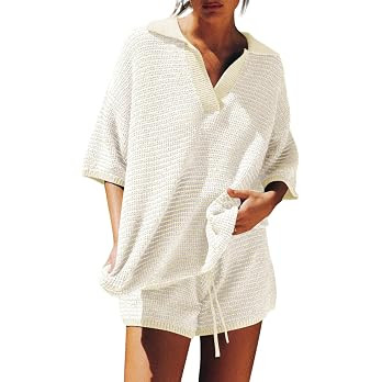 Tankaneo Womens Sweater Set 2 Piece Outfits 3/4 Sleeve Tops Shorts Lounge | Amazon (US)