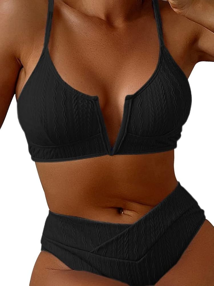 HYTENSUN Women's V Cut High Waisted Bikini Ribbed V-Wired Cami Two Pieces Swimsuit | Amazon (US)