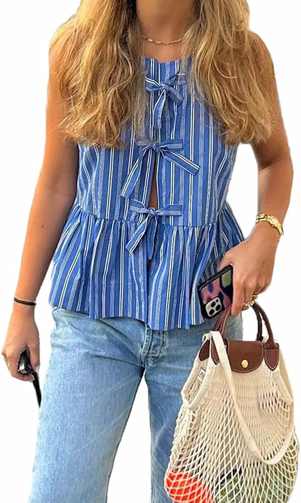 Bocymolay Y2k Tie Front Tank Top for Women Sleeveless Blouse Cropped Vest Lace up Peplum Shirts G... | Amazon (US)