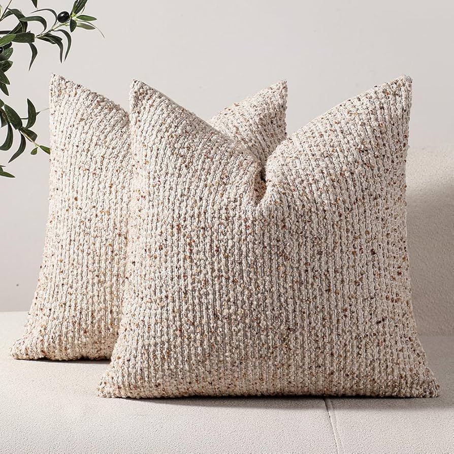 DEZENE Striped Throw Pillow Covers 18x18 Set of 2 Beige Textured Boucle Chic Morden Boho Accent F... | Amazon (US)