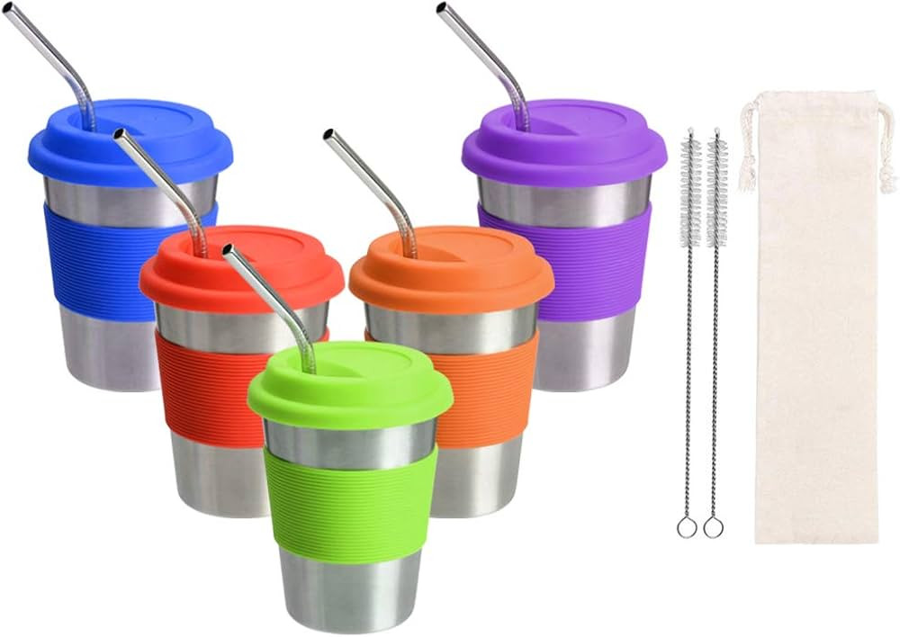 Stainless Steel Cups with Lids and Straws, Drinking Tumbler with Silicone Sleeves 12 Oz Eco-Frien... | Amazon (US)