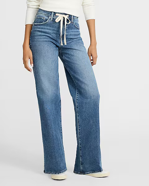 High Waisted Medium Wash Drawstring Wide Leg Jeans | Express
