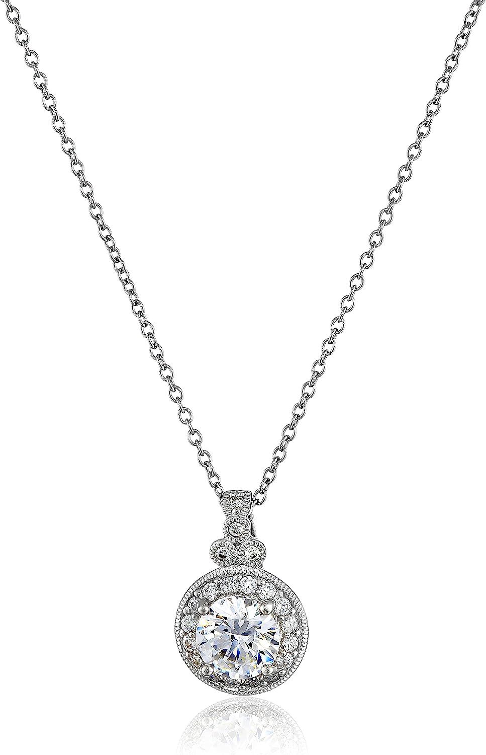 Platinum-Plated Sterling Silver Swarovski Zirconia Round-Cut Antique Pendant Necklace, 18" | Amazon (US)