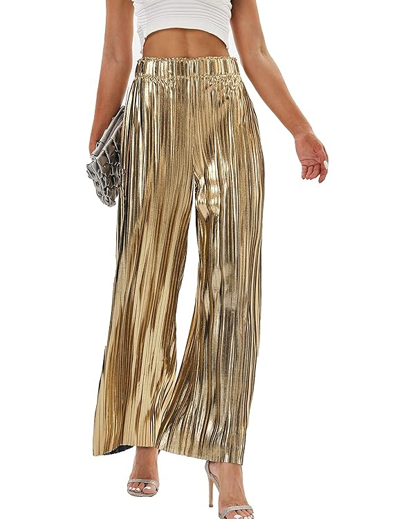 heipeiwa Women's Shiny Pleated Wide Leg Pants Party Nightout High Waist Trouser Folded Lightweigh... | Amazon (US)
