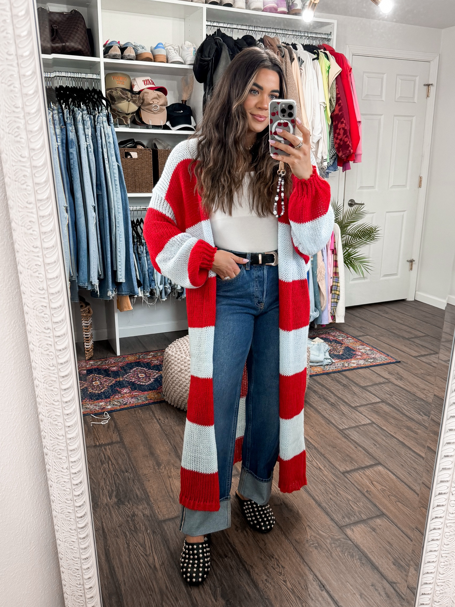 Striped duster (small), cuffed denim (2), studded mule clog

#LTKFindsUnder50 #LTKShoeCrush #LTKStyleTip