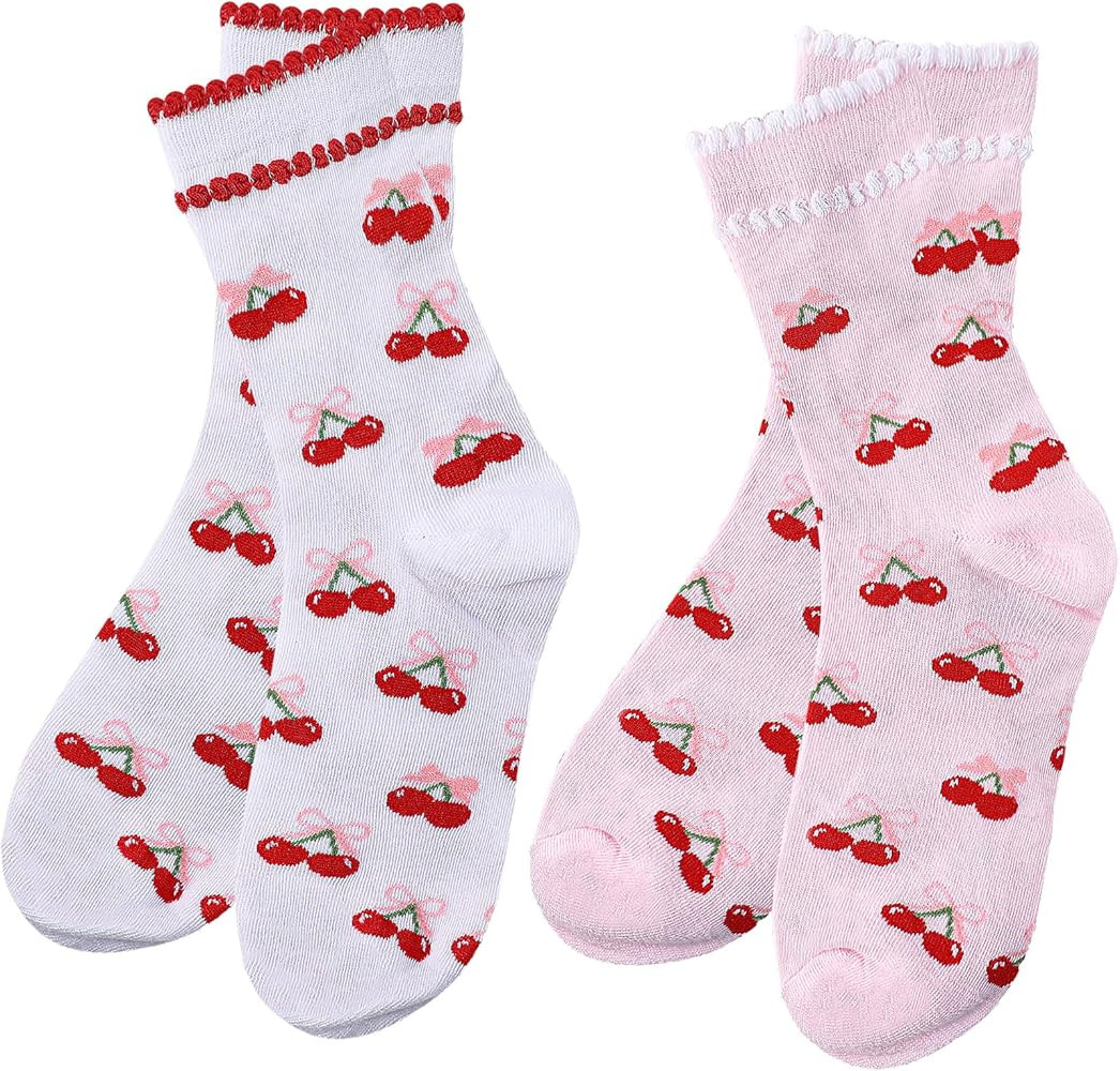 6 Pairs Cherry Socks for Women Girls Cute Bow Crew Socks Casual Athletic Cotton Bowknot Cherry Gi... | Amazon (US)