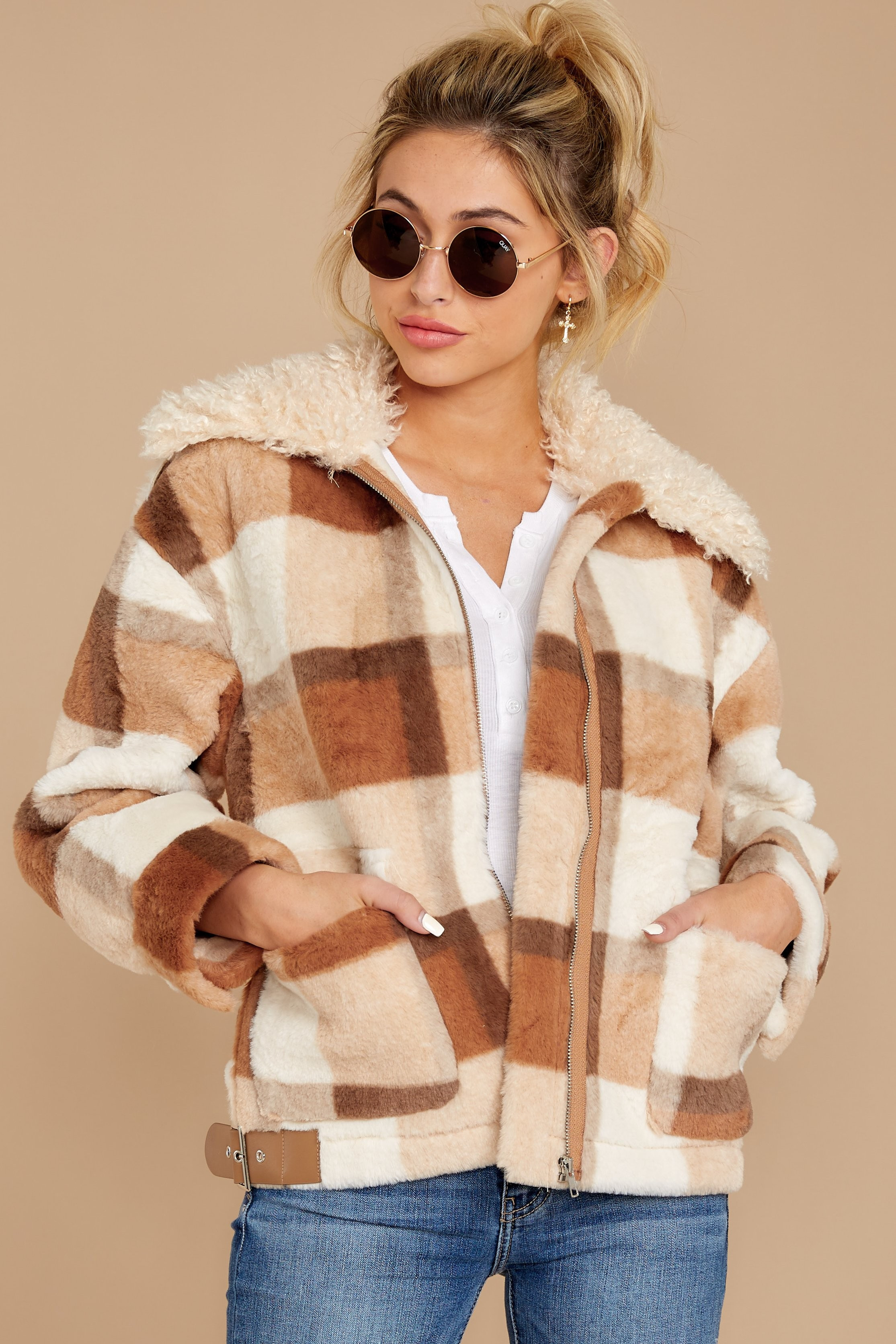 Before You Leave Brown Multi Plaid Jacket | Red Dress 