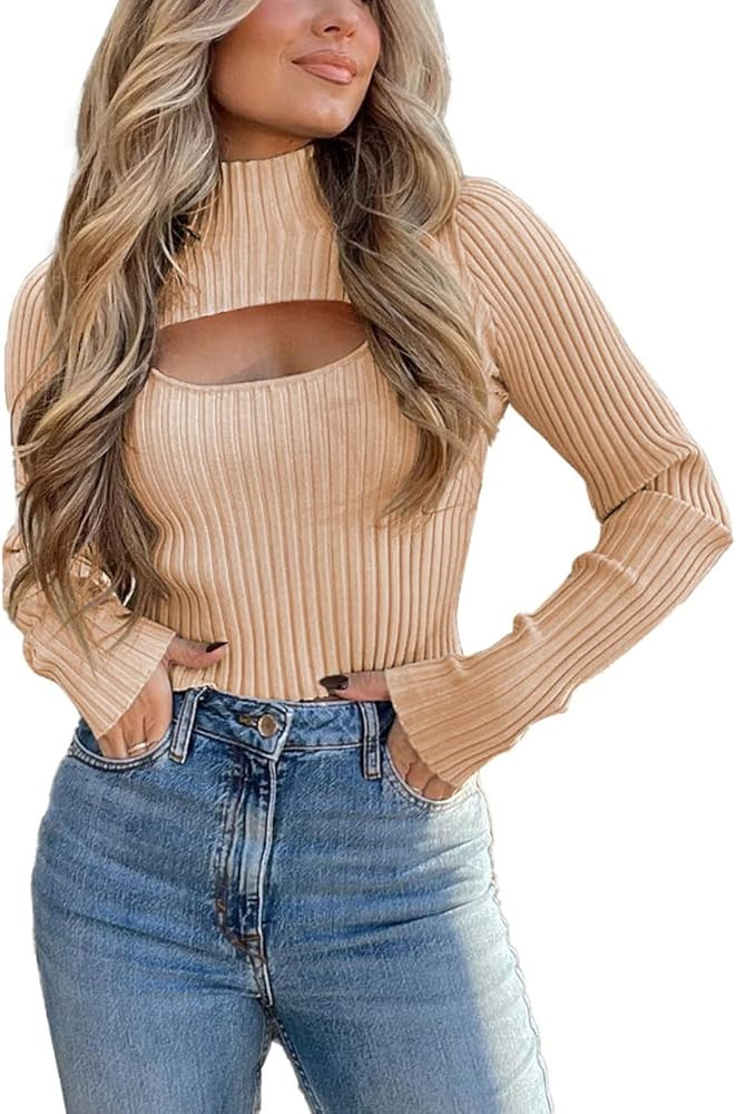 PRETTYGARDEN Women's 2023 Fashion Fall Clothes 2 Piece Cutout Tops Long Sleeve Mock Neck Rib Knit... | Amazon (US)