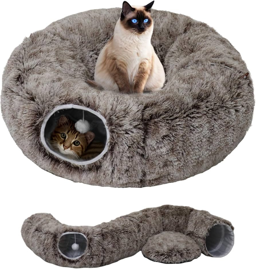 Cat Tunnel Bed for Indoor Cats with Washable Cushion Cat Cave Donut Tunnel with Fluffy Ball Big R... | Amazon (US)